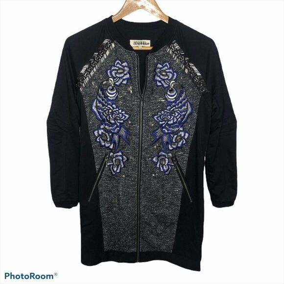 Anhha Intermix Beaded Embroidered‎ Jacket Sweater Floral Black Zip Up M Gray Med - Picture 1 of 7